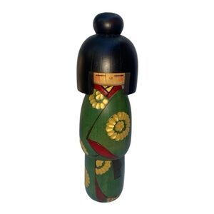 Vintage Japanese Kimono Sosaku Kokeshi Doll Signed 9.5" Green And Black